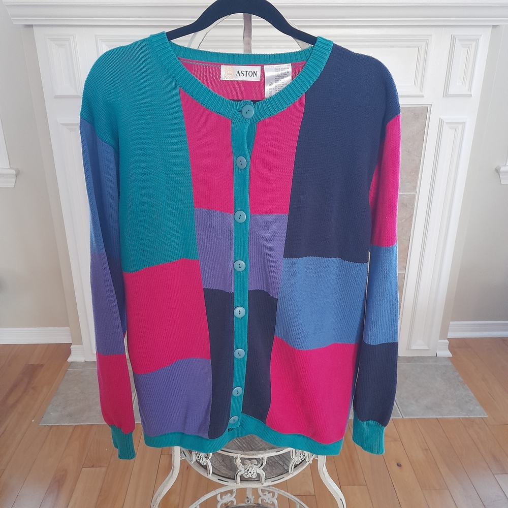 ASTON  Multicolor Button-Up Cardigan - Teal, Pink, Navy